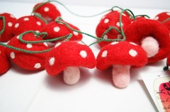 Handmade Wool Felt Mushroom Garland: Red, White & Pink 8 ft w 15 Mushrooms Nepal