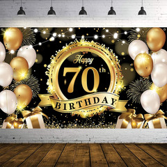Happy 70Th Birthday Decoration Backdrop Banner Black Gold Extra Large Fabric