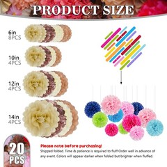 20 PCS Tissue Paper Pom Poms Set Mixed Colors Flowers Decor 6/10/12/14 Inch