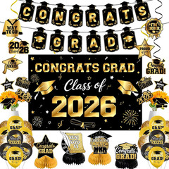 50Pcs Class of 2026 Graduation Decorations Set, Black Gold Graduation Party Kit