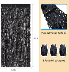 3 Pack New Years Decorations Wavy Black Tinsel Foil Fringe Curtains Party Backdr