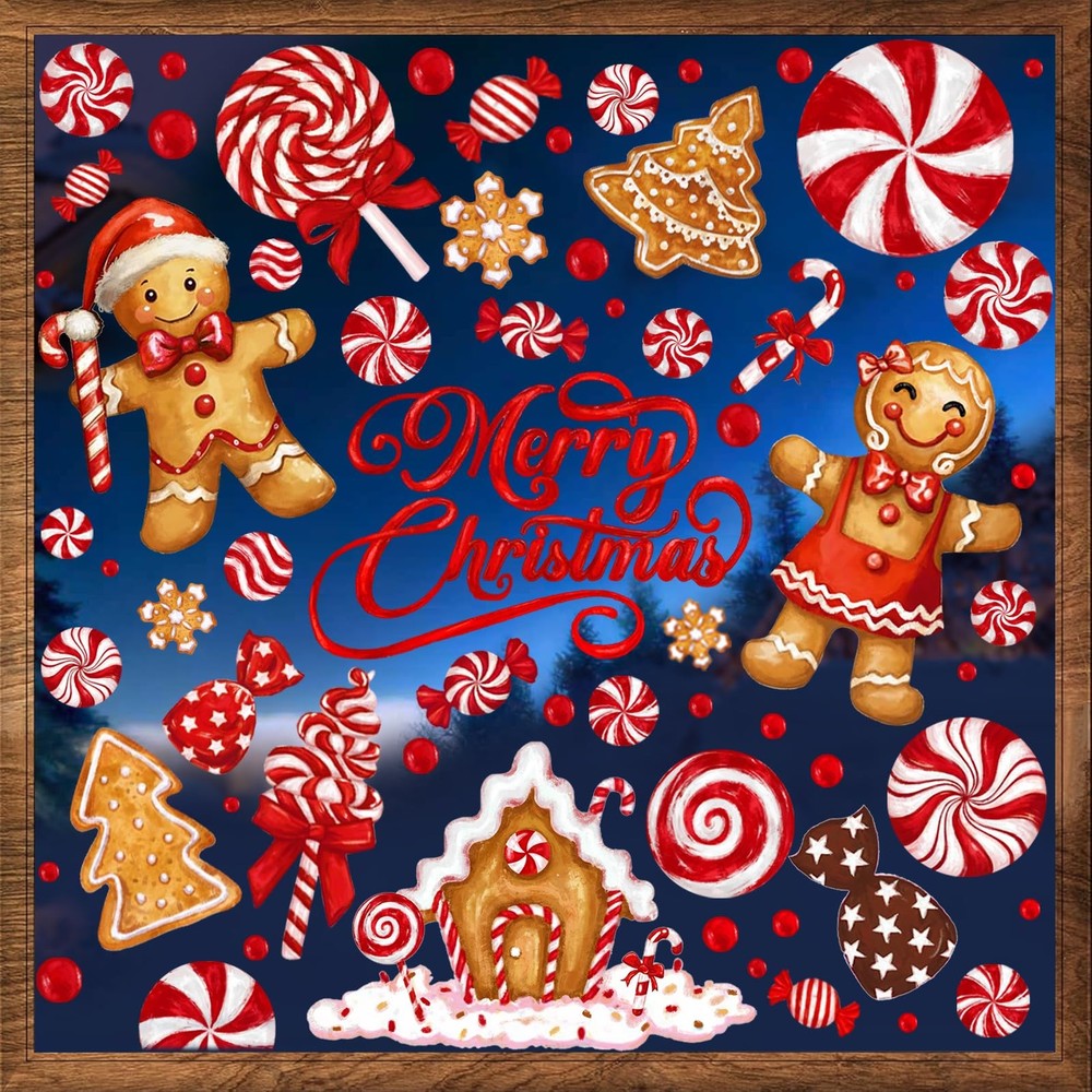 DULEFUN Christmas Window Clings, Gingerbread Man Candy Window’s Stickers Red