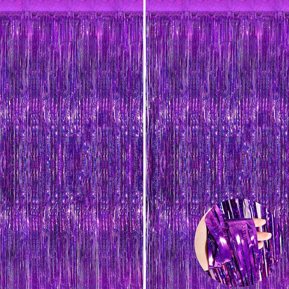 Purple Metallic Tinsel Foil Fringe Curtains Backdrop 2Pack 3.3×8.3Ft Purple Part
