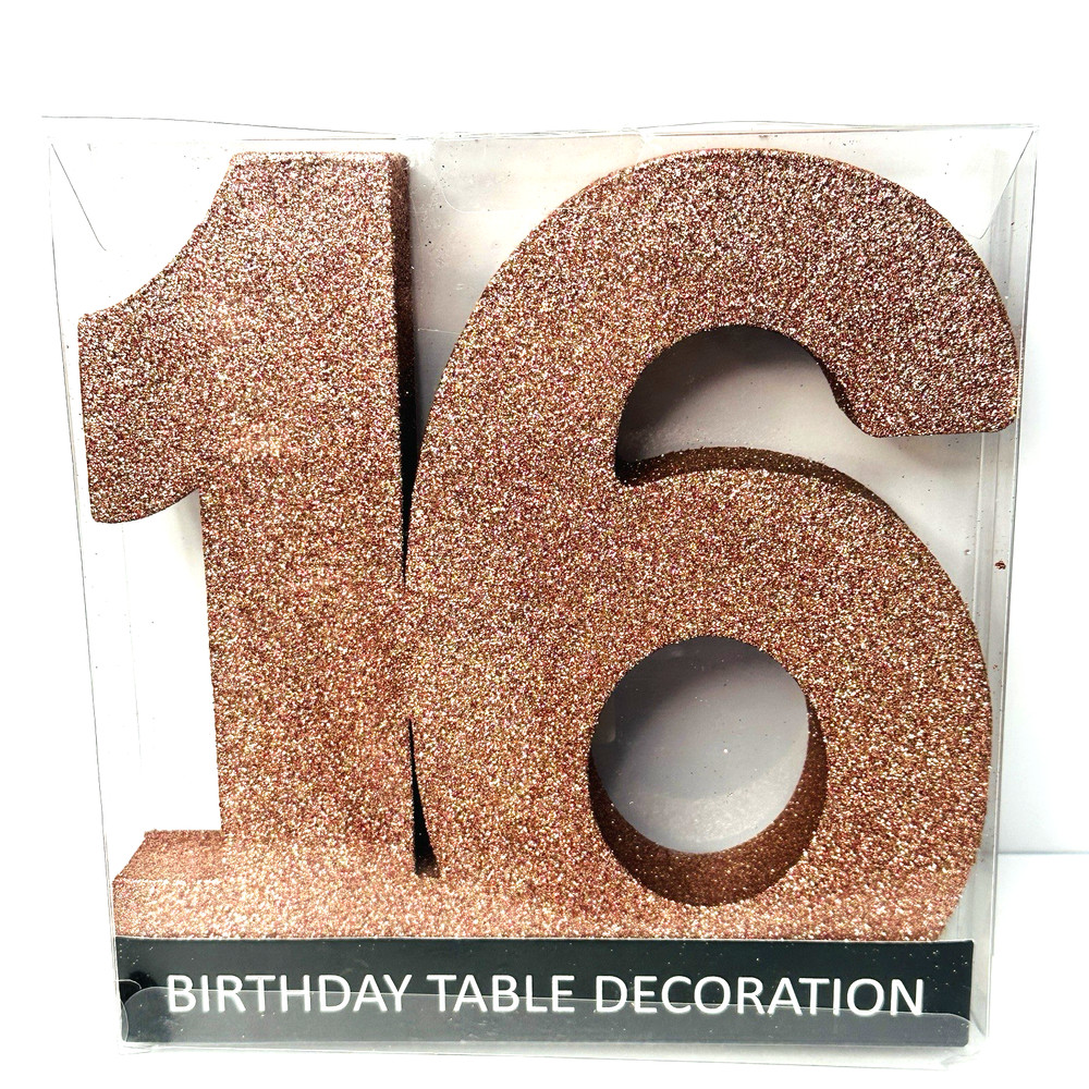 Sweet 16 Happy Birthday Decor Table Topper Number Sign Sparkling Glitter 8”