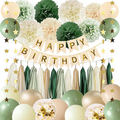 Sage Green Happy Birthday Party Decorations Retro Green Nude Ivory Dark Olive Kr