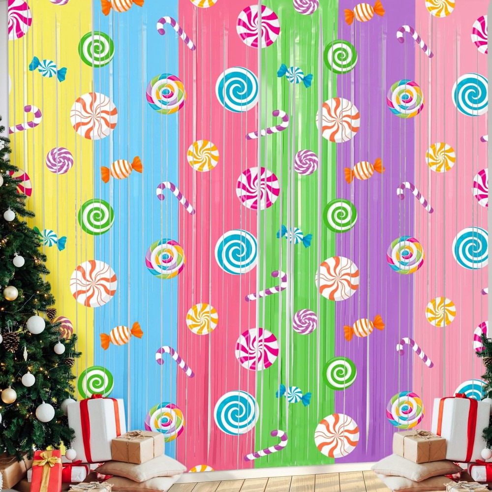 4 Packs Candyland Party Decorations 3.3 x 6.6 ft Candy Foil Fringe Curtain Da…
