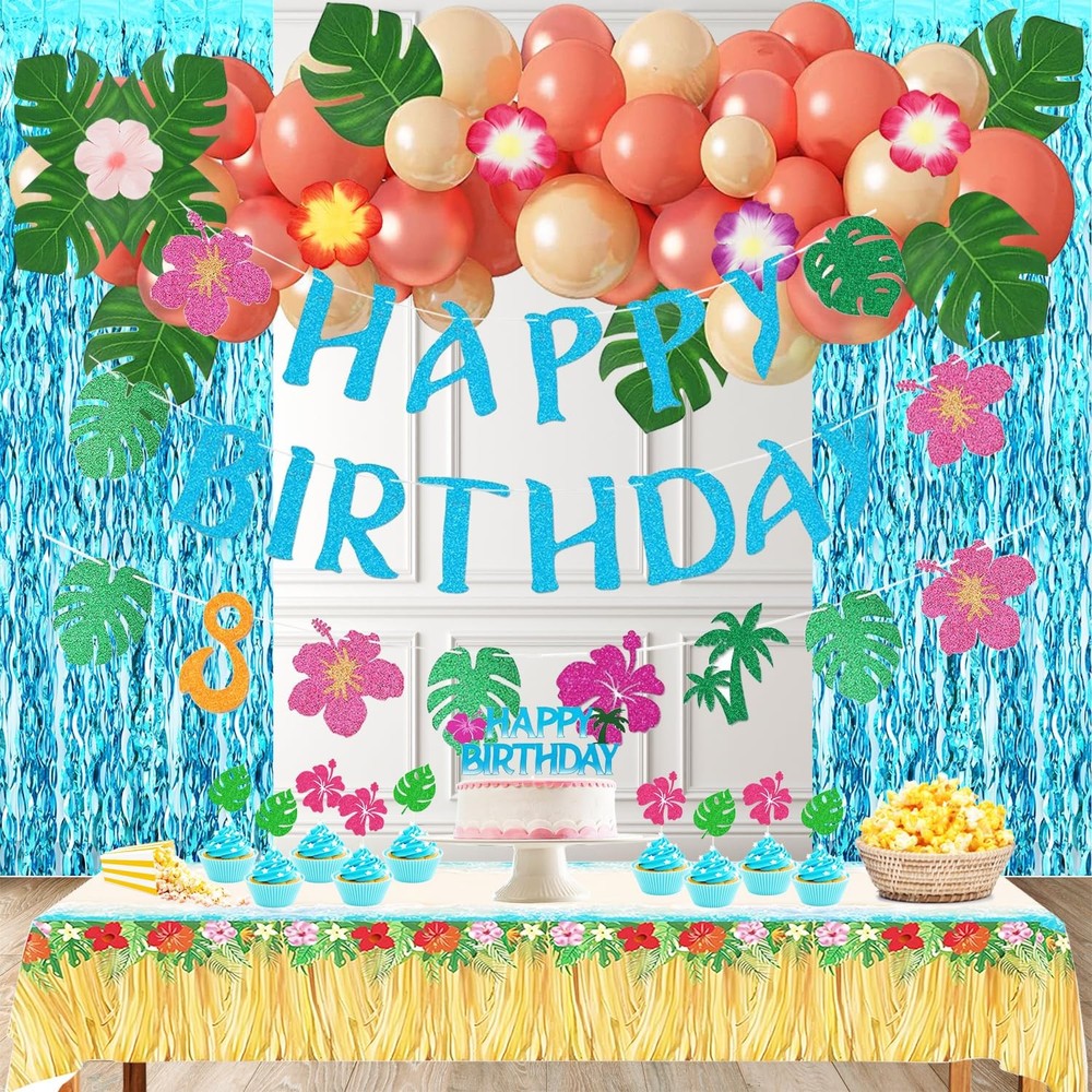 Hawaiian Party Decorations Set – 35 Pcs Balloons, 2 Foil Curtains, Table Cloth