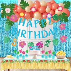 Hawaiian Party Decorations Set – 35 Pcs Balloons, 2 Foil Curtains, Table Cloth