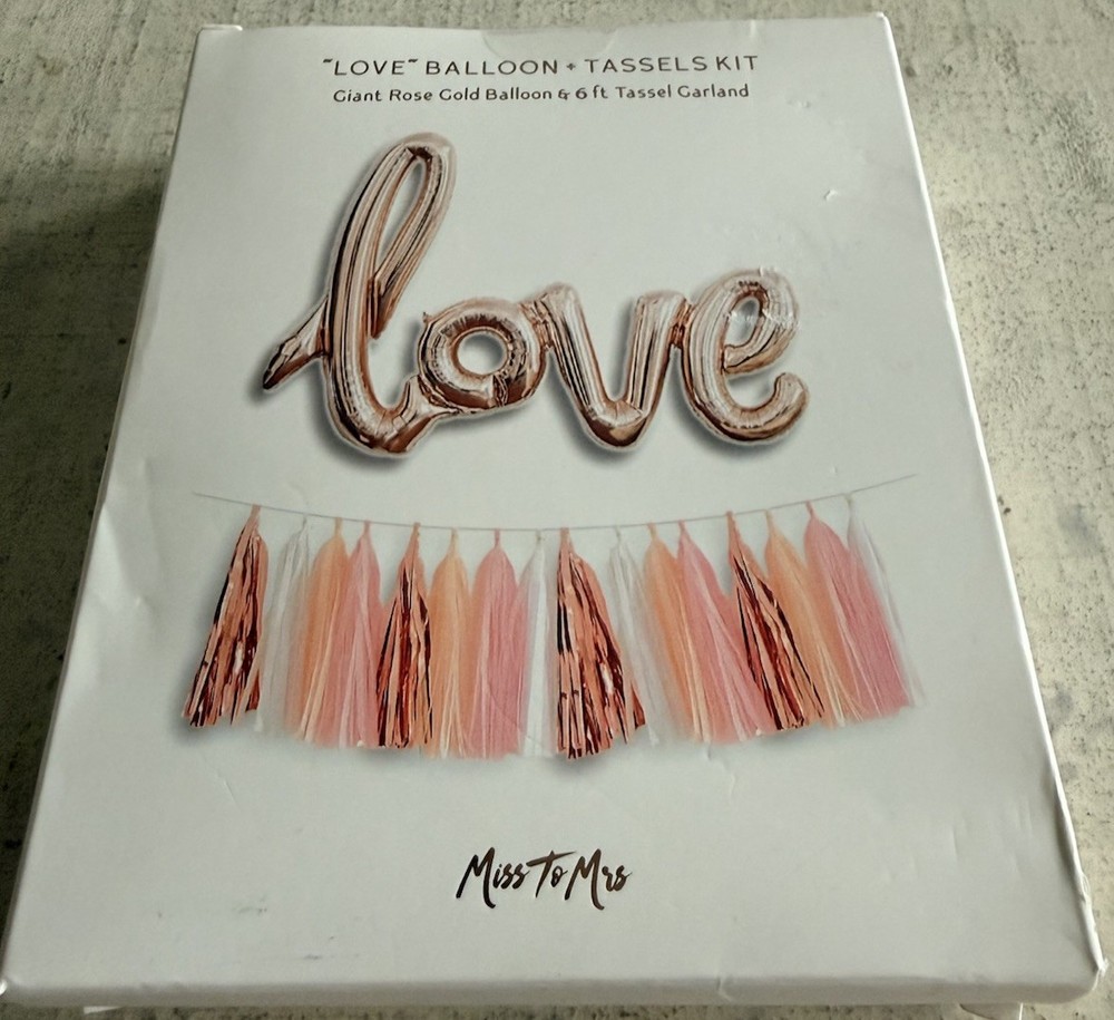 Miss to Mrs. 43″ Rose Gold «LOVE» Script Foil Balloon & 6ft Tassel Garland Kit