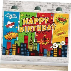 Cartoon Super City Backdrop Superhero Birthday Theme Decoration Banner 5x3ft