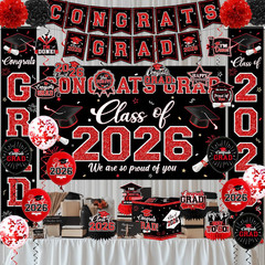 Graduation Decorations Class of 2026,Red Graduation Party Supplies- Congrats Gra