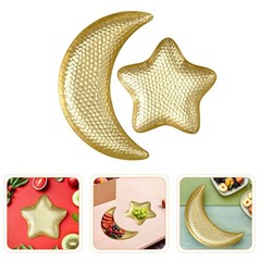 2 Pcs Hammered Star and Moon Fruit Plate Ramadan Tray Serving Display Platter