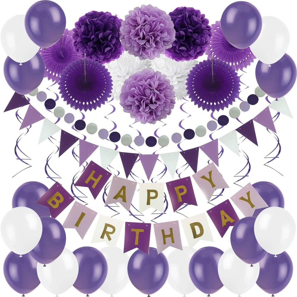 Happy Birthday Decoration Set- Paper Fans, Pom Poms, Banner, Swirls & Balloons