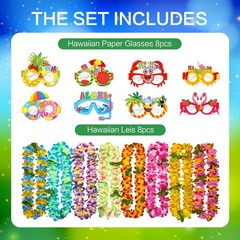 16pcs Hawaiian Leis Party Set with 8 Necklaces and 8 Photo Booth Glasses for Tro