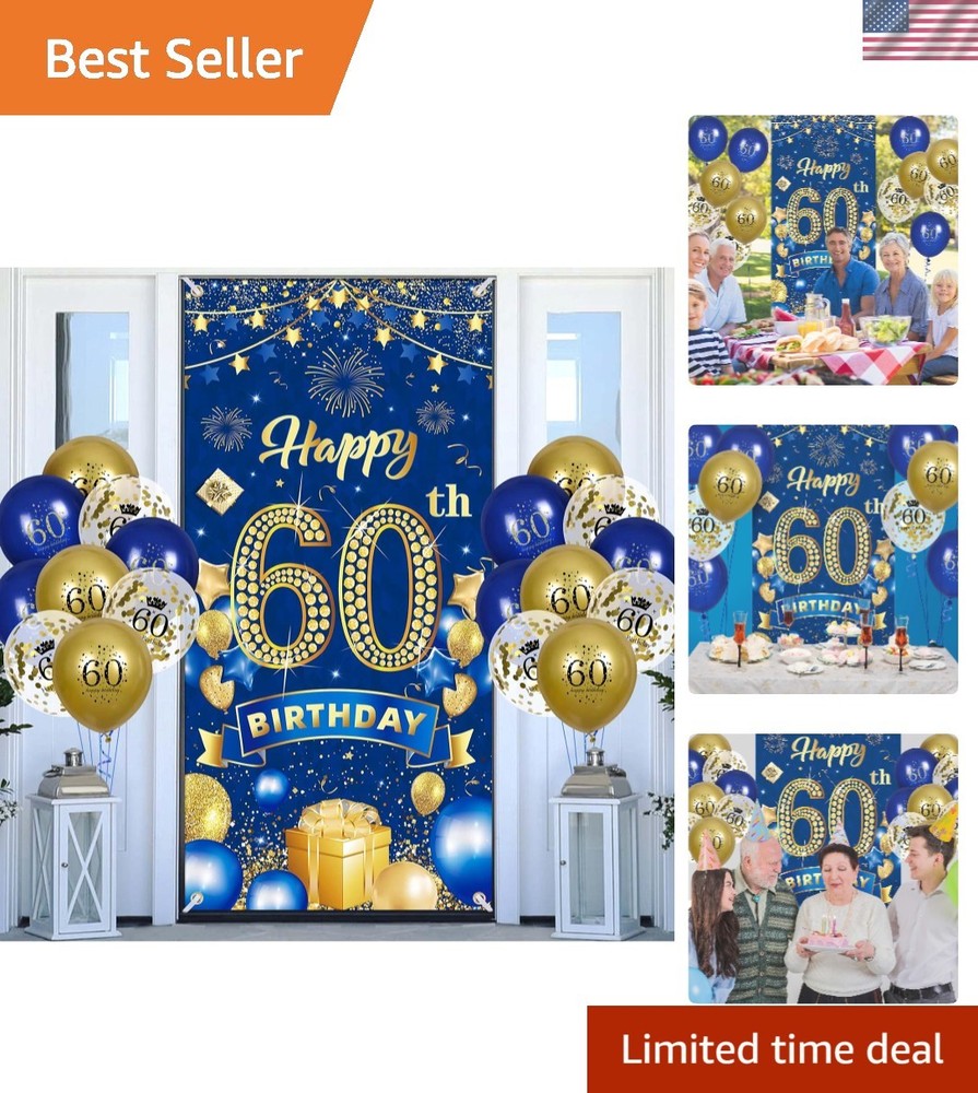 Complete 60th Birthday Decor – Navy Blue & Gold Banner with 18 Balloons Included