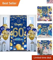 Complete 60th Birthday Decor – Navy Blue & Gold Banner with 18 Balloons Included
