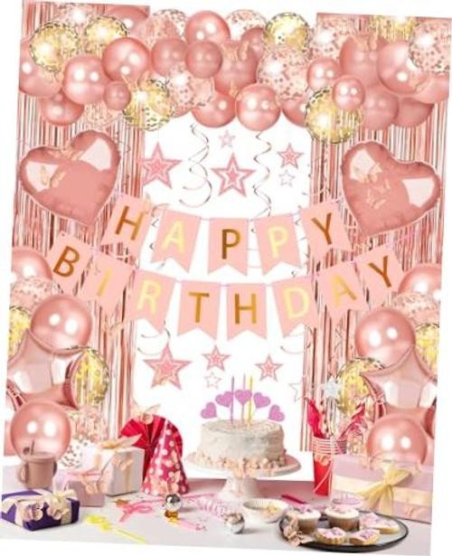 Happy Birthday Party Decorations, Happy Birthday Banner Foil Heart Rose Gold