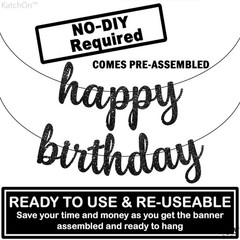 Glitter Cursive Black Happy Birthday Banner – Pre-Strung, 10 Feet | Happy Birthd