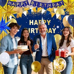 Blue and Gold Birthday Decorations for Men Boys Women Girls, 70Pcs Gold Blue Par