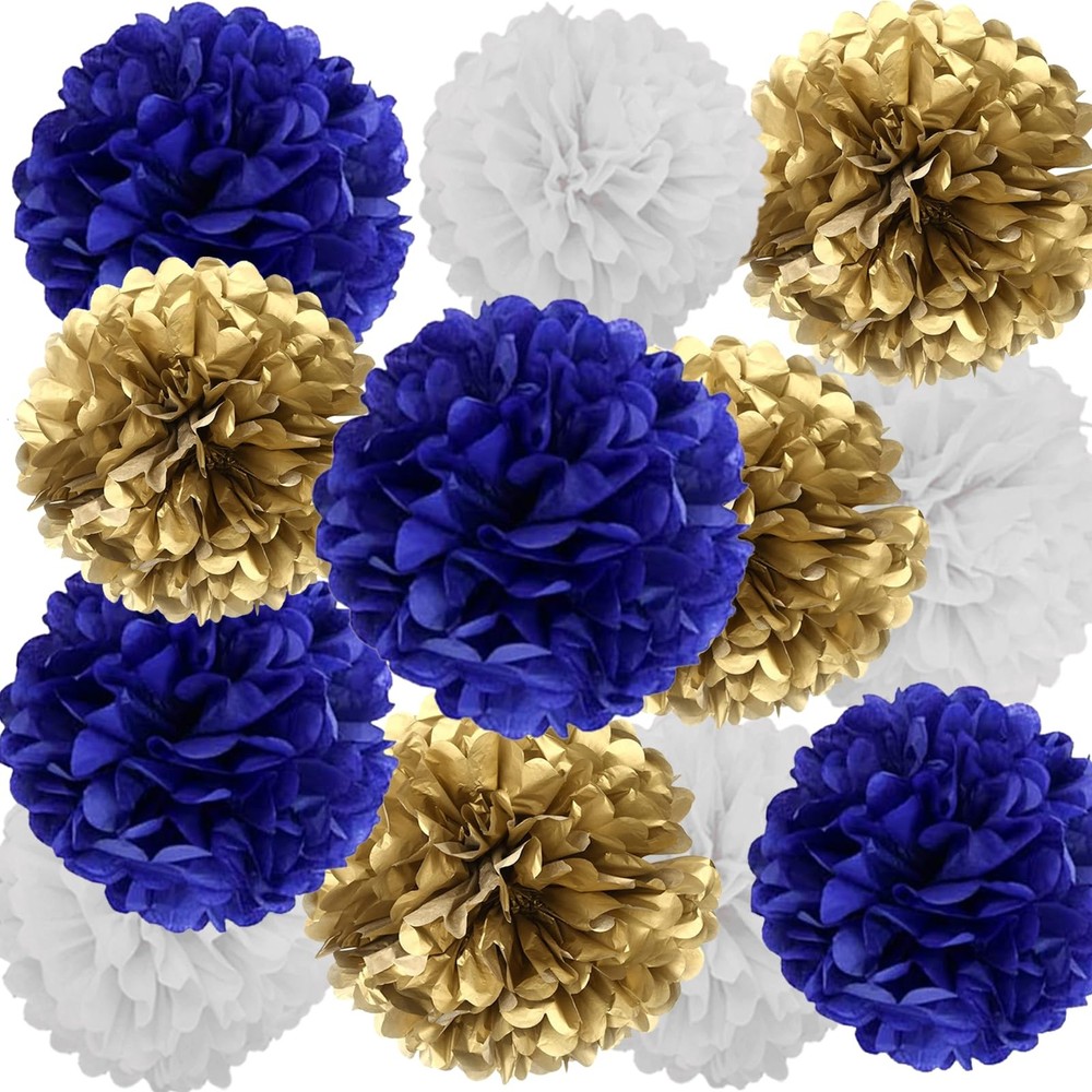 12 PCS Navy Blue Gold White Tissue Paper Pom Poms Flowers Ceiling Wall Hanging