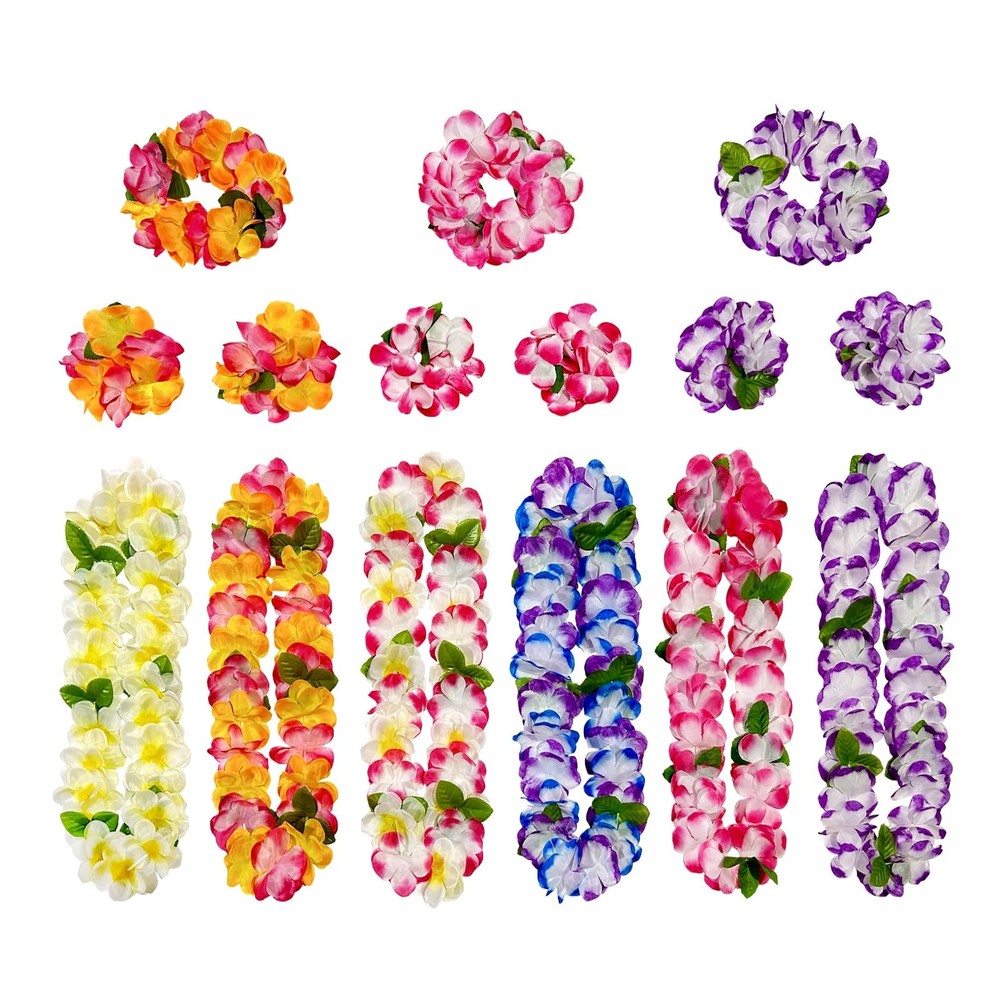 15PCS Hawaiian Party Leis, Necklaces Headbands Wristbands,Luau Decor,Multicolor