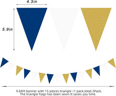 Navy Blue White Gold Party-Decorations – 2Pack Paper Pennant Triangle Flags Bann