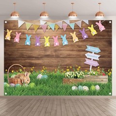 Spring Easter Photography Backdrop Wooden Board Green Grass Flower Egg 7ft x 5ft