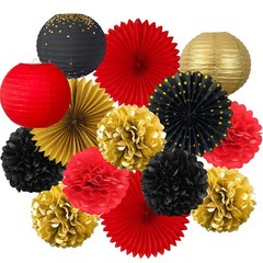 Red Black Gold Party Decorations, 14 Pcs Hanging Fans, Lanterns, Pom Poms – E…
