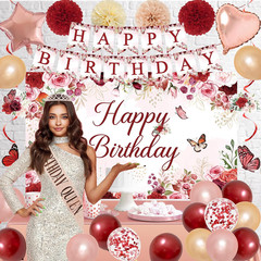 Birthday Decorations Party Set for Women, Rose Gold Flower Peony Banner Photogra
