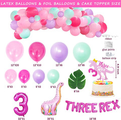 204 Pcs Three Rex Birthday Party Decorations Girl, Dinosaur 3Rd Birthday Party