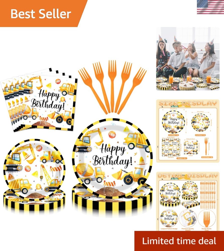 Bright Yellow 100-Piece Birthday Party Tableware Set – Construction Truck Design