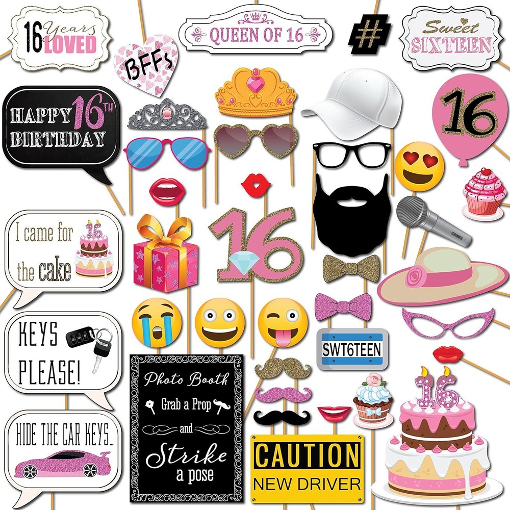 Sweet 16 Photo Booth Props Party Kit 41 Pieces with Wooden Sticks and Strike a
