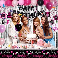 Pink and Black Birthday Decorations for Women Girls, Black and Hot Pink Party De