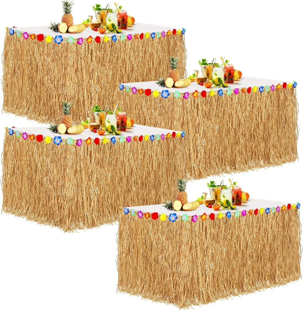 4 Pack Thickened Grass Table Skirt Natural with Hibiscus Flowers 400g Hawaiian