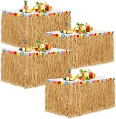 4 Pack Thickened Grass Table Skirt Natural with Hibiscus Flowers 400g Hawaiian