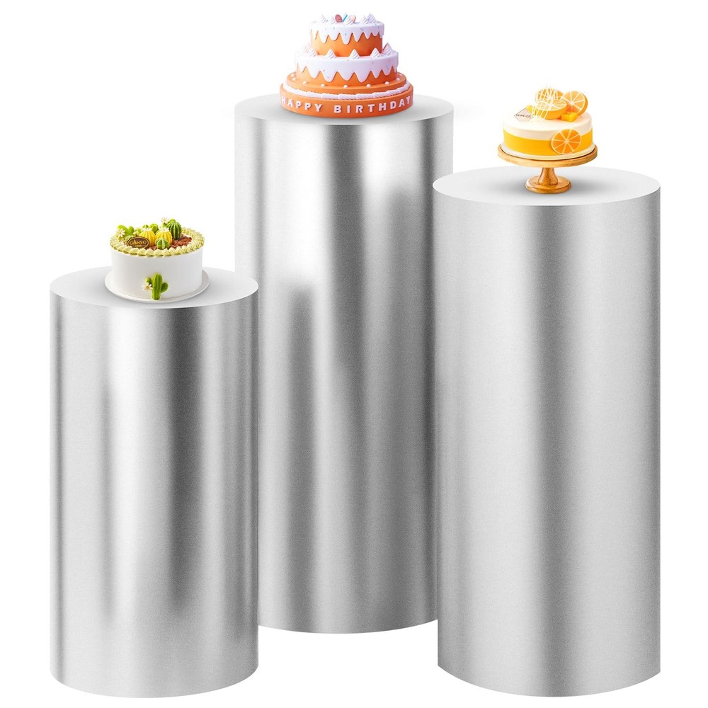 SaitiMade Set of 3 Silver Cylinder Pedestal Stand Covers Event Decor