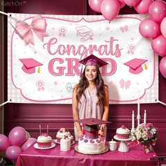Pink Bow Congrats Grad Banner – 72×44 Inch | Pink graduation banner Class Of 202