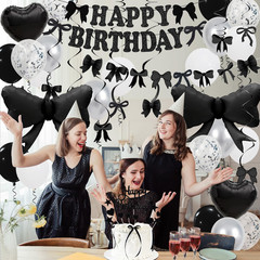 Black Bow Birthday Decorations, Happy Birthday Banner Garland and Hanging Swirls