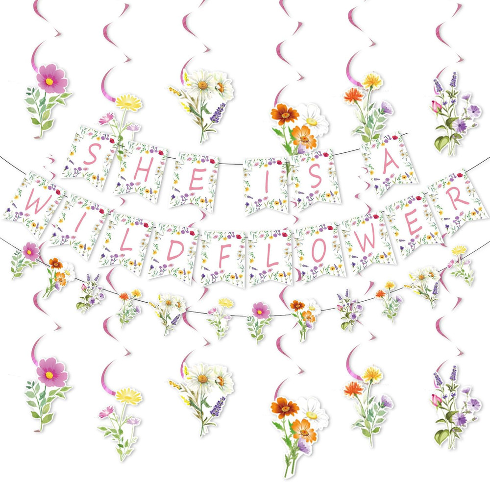 9PCS Flower Birthday Decorations for Girls,She Is a Wildflower Banner Garland Ha