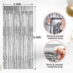 2 Pack Silver Metallic Tinsel Foil Fringe Curtains, Door Streamers Photo Booth B