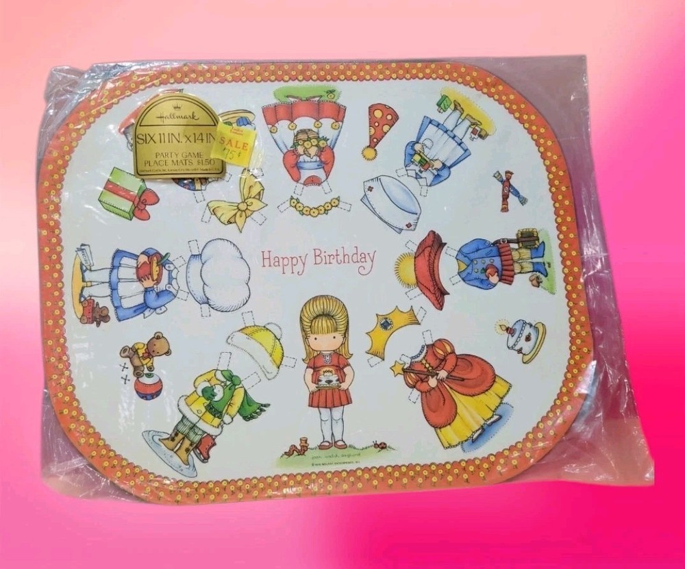 1975 Joan Walsh Anglund Hallmark game Place Mats Paper Pocket Dolls Birthday VTG