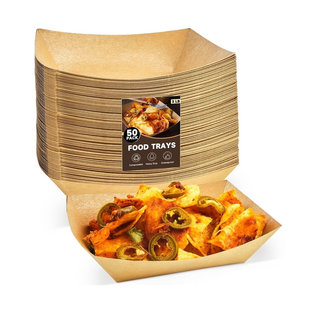 3 Lb Paper Food Trays – 50 Pack Disposable Nacho Trays, Kraft Paper Food Boat…