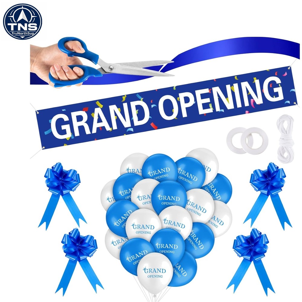 Grand Opening Ribbon Cutting Kit Banner Balloons Scissors Bows Decorations fo…
