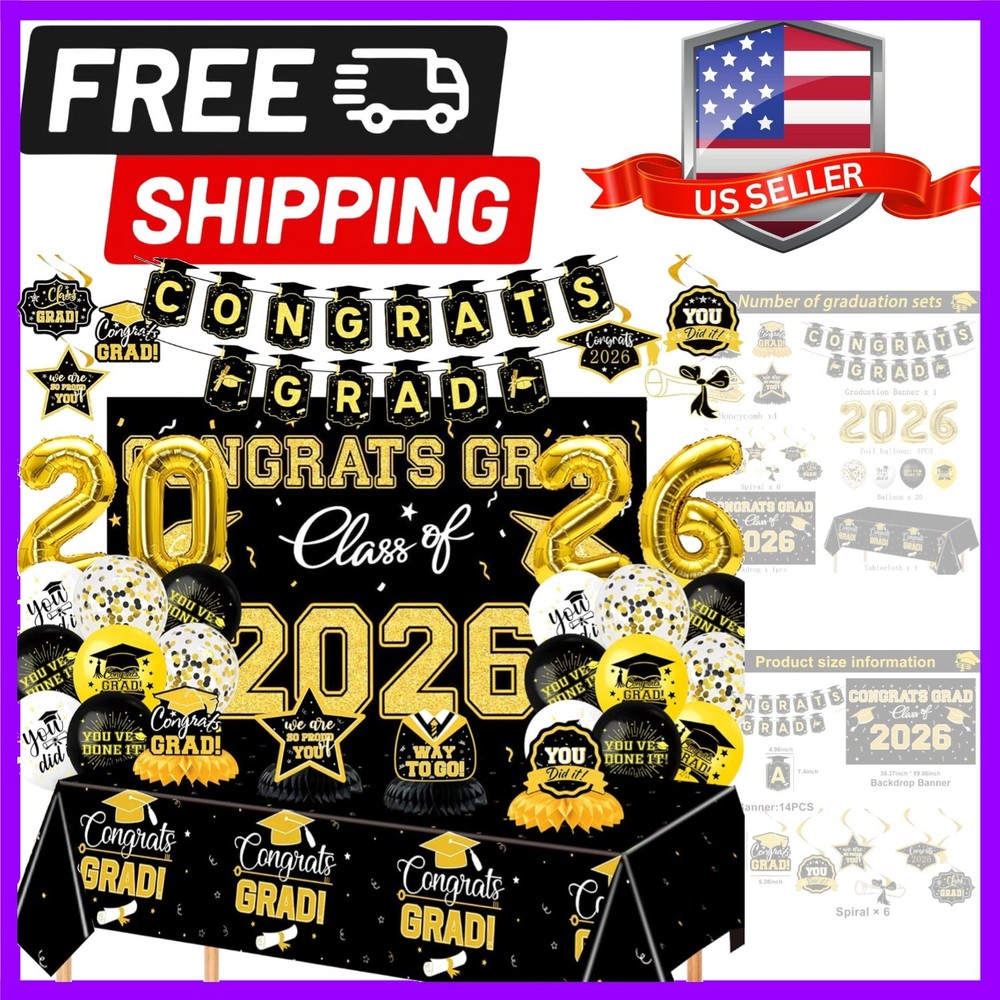2026 Graduation Decorations Set – Congrats Grad Banner, Backdrop, Tablecloth,…