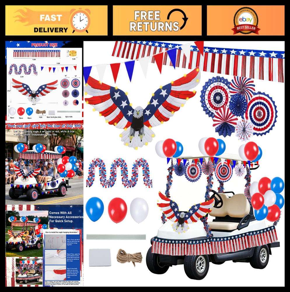 4th of July Golf Cart Decorations Kit – Patriotic Eagle, Garland, Fans & Balloon