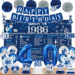 40th Birthday Decorations for Men & Women, Vintage 1986 Banner, Blue & Silver Ba