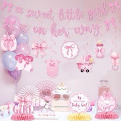 Pink Bow Baby Shower Decorations – 13Pcs a Sweet Little Girl is on Her Way Ba…