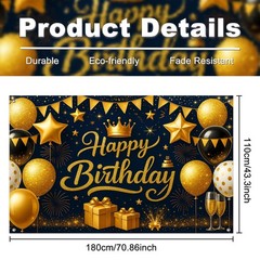 Birthday Decoration Banner 71×43 Inch Black and Gold Happy Birthday Backdrop …