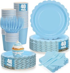 Party Supplies 200Pcs Light Blue Plates Napkins Cups Forks Set for Birthday W…