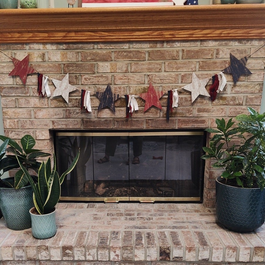 Rustic Americana Wooden Star and Rag Streamer Garland, 6′